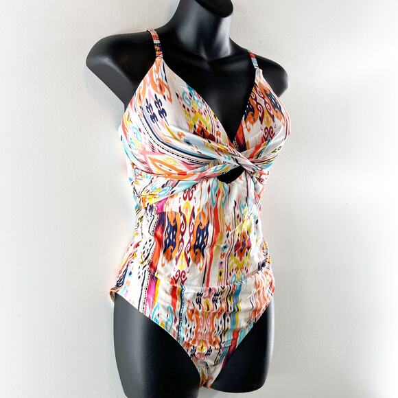 LA Blanca Twist Keyhole One Piece Printed Swimsuit White Medium - Picture 6 of 7